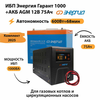 ИБП для котла Энергия Гарант 1000 + Аккумулятор 75 Ач 12 В (600Вт - 68мин) - ИБП и АКБ - ИБП для котлов - Магазин стабилизаторов напряжения Ток-Про