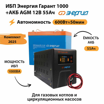 ИБП для котла Энергия Гарант 1000 + Аккумулятор 55 Ач 12 В (600Вт - 50мин) - ИБП и АКБ - ИБП для котлов - Магазин стабилизаторов напряжения Ток-Про