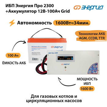 ИБП для котла Энергия Про 2300 + Аккумулятор Grid 100 Ah 12 v (1600Вт - 34мин) - ИБП и АКБ - ИБП для котлов - Магазин стабилизаторов напряжения Ток-Про